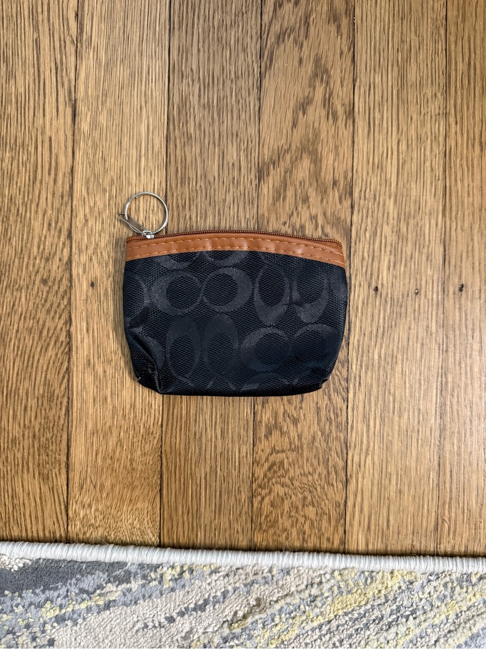 Coach Black Signature Coin Pouch with Brown Trim